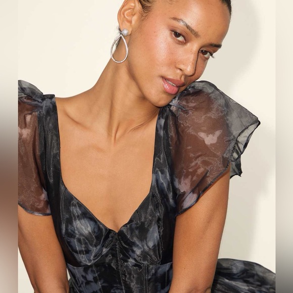 Lulus Mesmerizing Mood Black Floral Organza Ruffled A-Line Midi Dress Size XXL - Picture 10 of 12